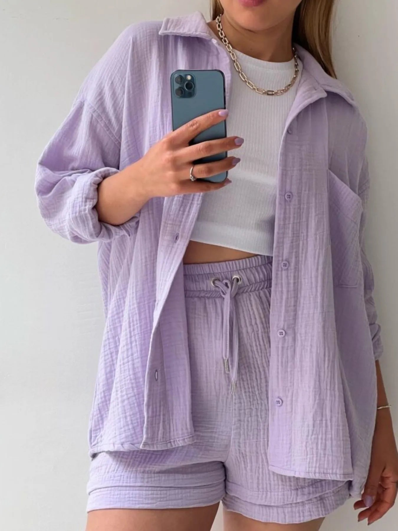 Chic Textured Button-Up Shirt & Shorts Two-Piece Set