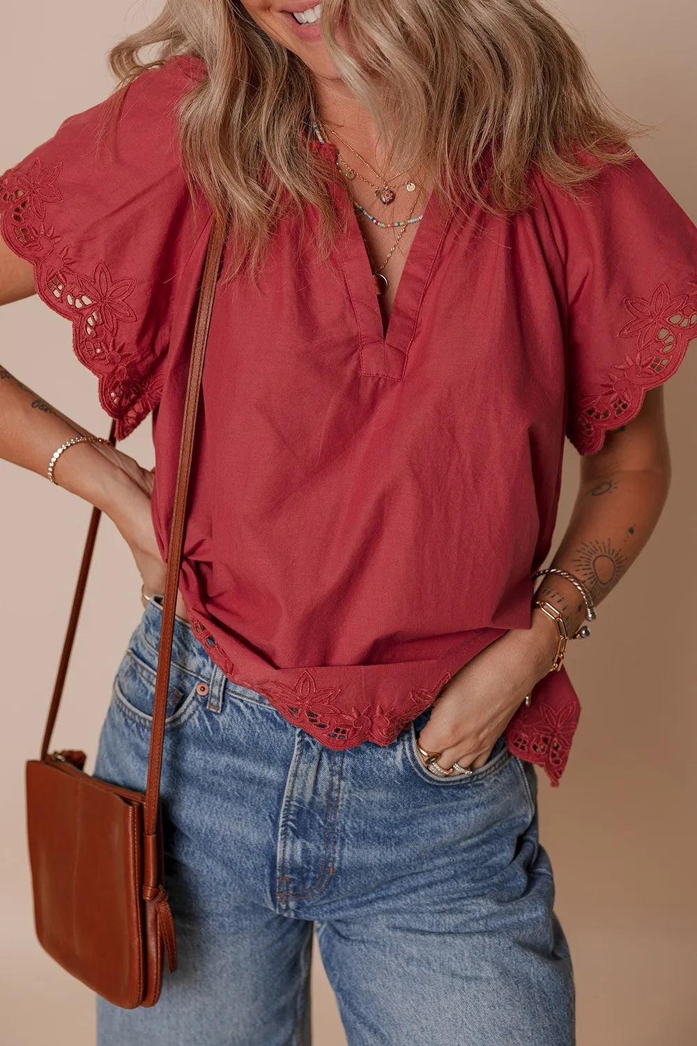 Floral Embroidered Scallop Trim Cotton Blouse