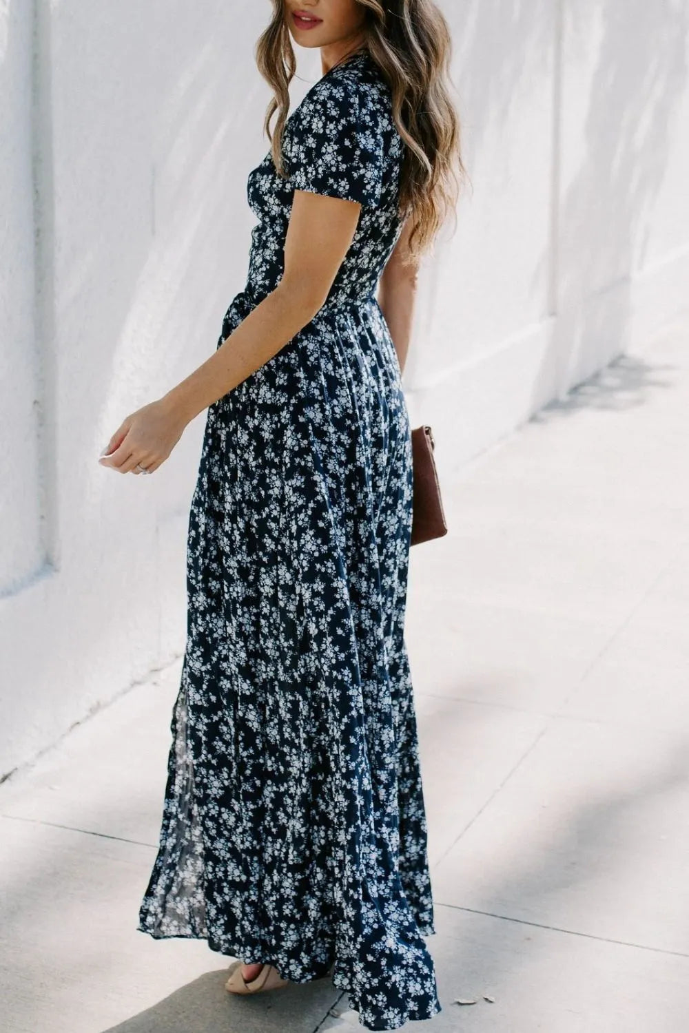 Floral Surplice Dress with Tie Waist and Side Slit