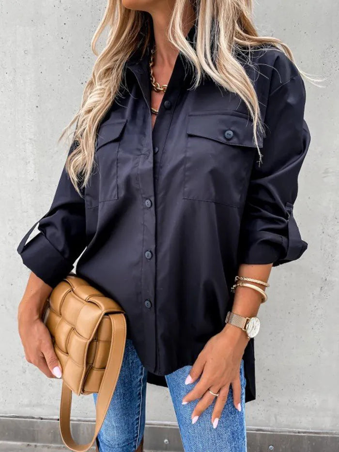 Roll-Tab Sleeve Button-Up Shirt - Lightweight & Chic Black