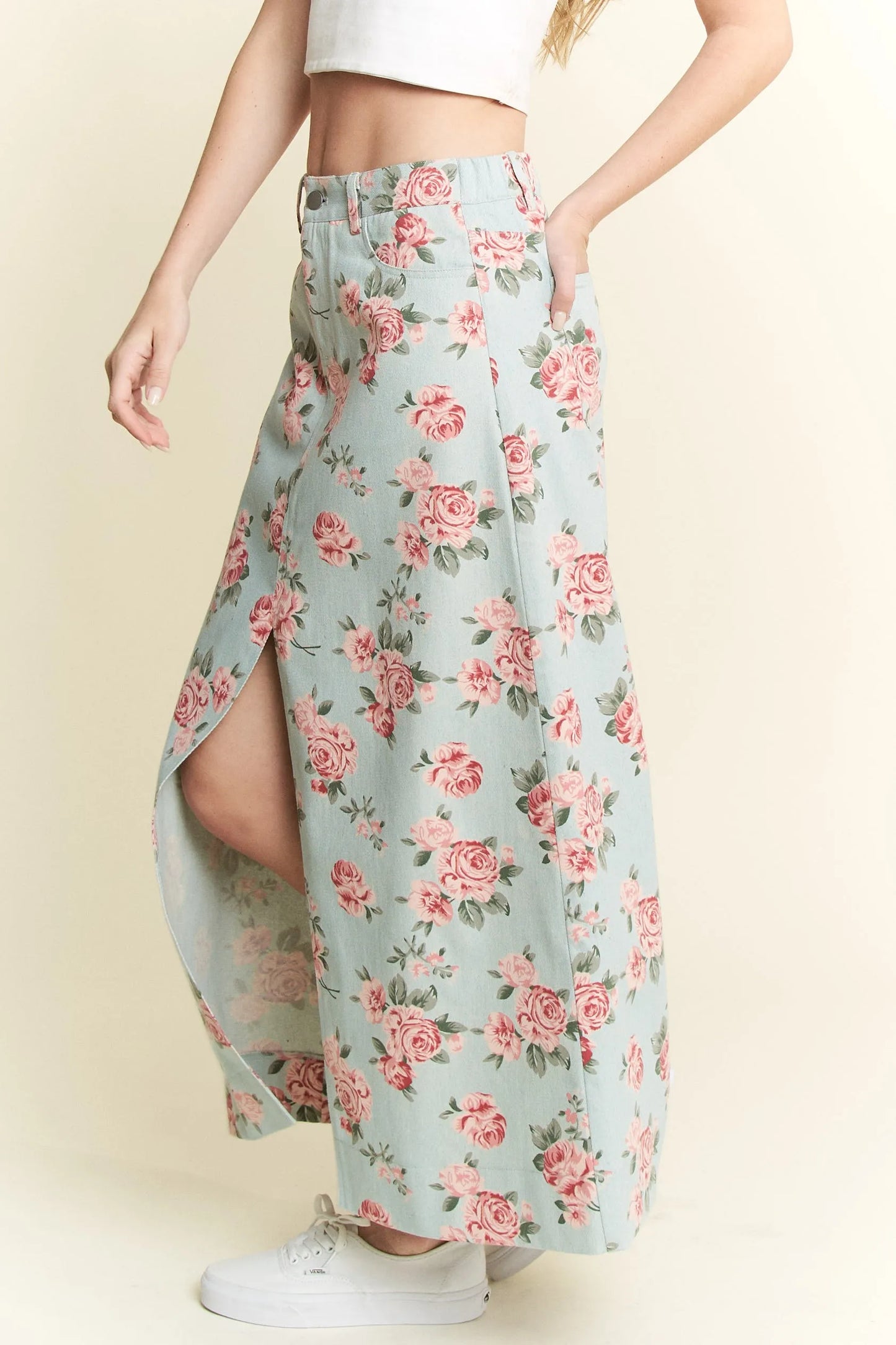 Jade By Jane Full Size Floral Print Front Slit Denim Maxi Skirt