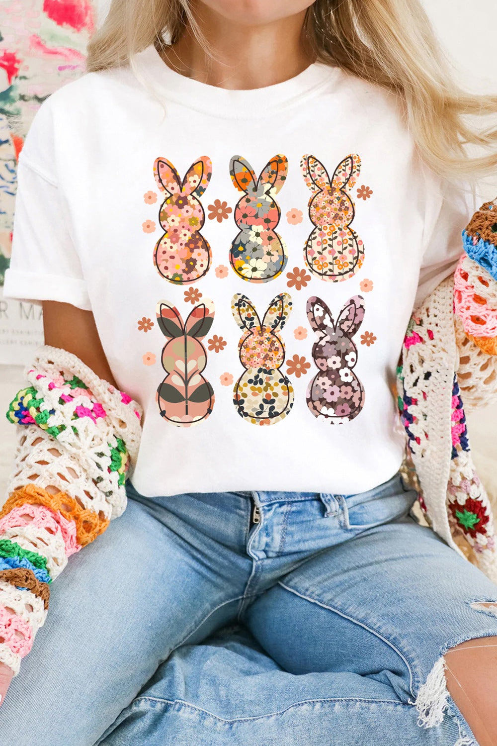 Floral Bunny Graphic Crewneck T-Shirt - Cute & Comfy Easter Tee