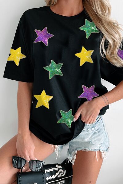 Sequin Stars Patched Round Neck T-Shirt - Casual Sparkle Black