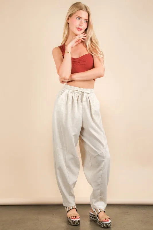 VERY J Solid Woven Barrel Pants with Drawstring Waist Oatmeal