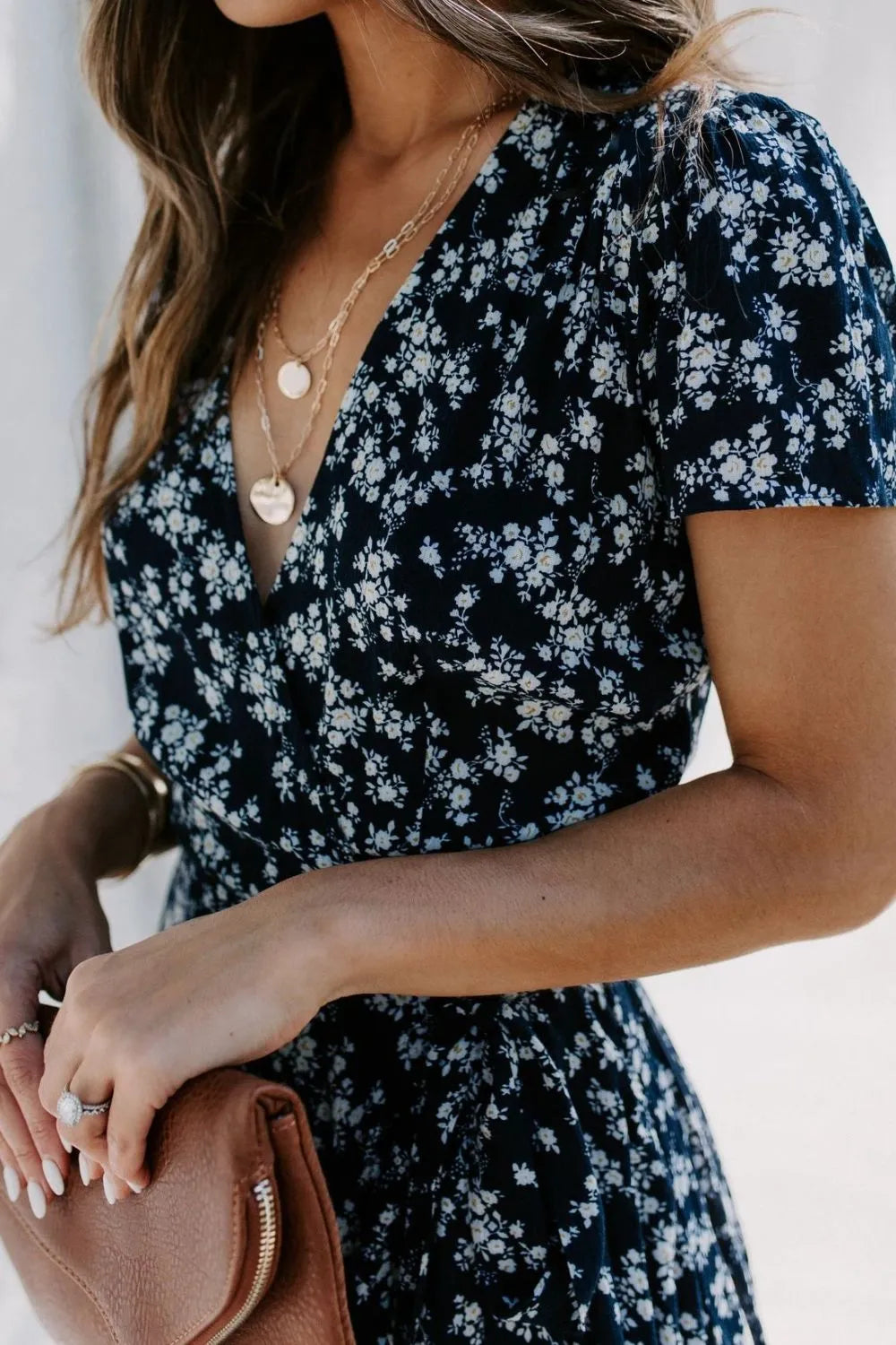 Floral Surplice Dress with Tie Waist and Side Slit