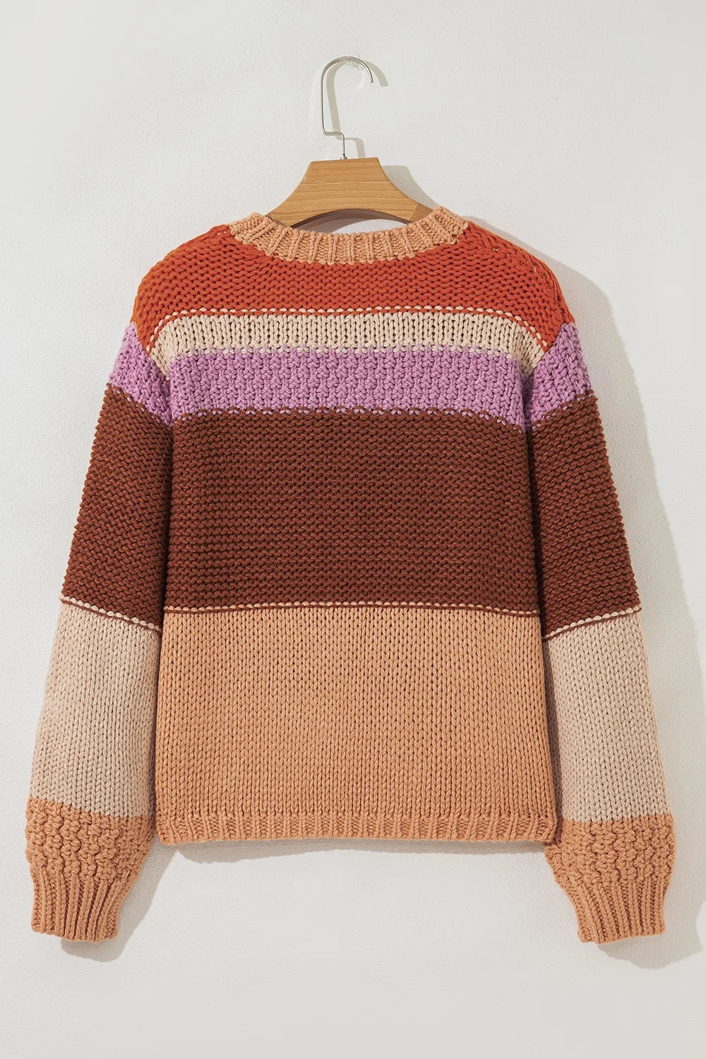 Cozy Colorblock Striped Round Neck Sweater – Soft Acrylic Women’s Pullover