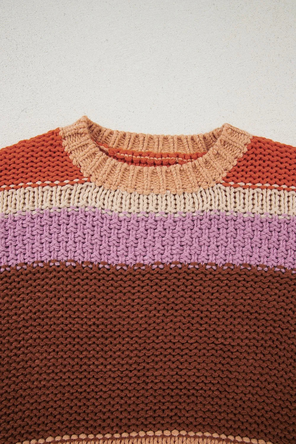Cozy Colorblock Striped Round Neck Sweater – Soft Acrylic Women’s Pullover