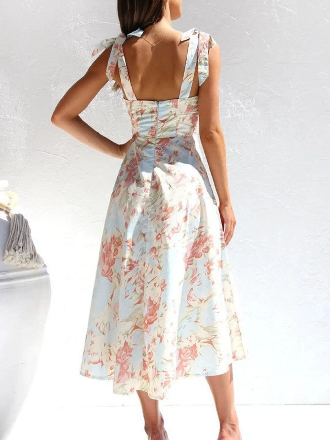 Floral Tie-Strap Sweetheart Neck Midi Dress – Elegant Summer Sleeveless Dress