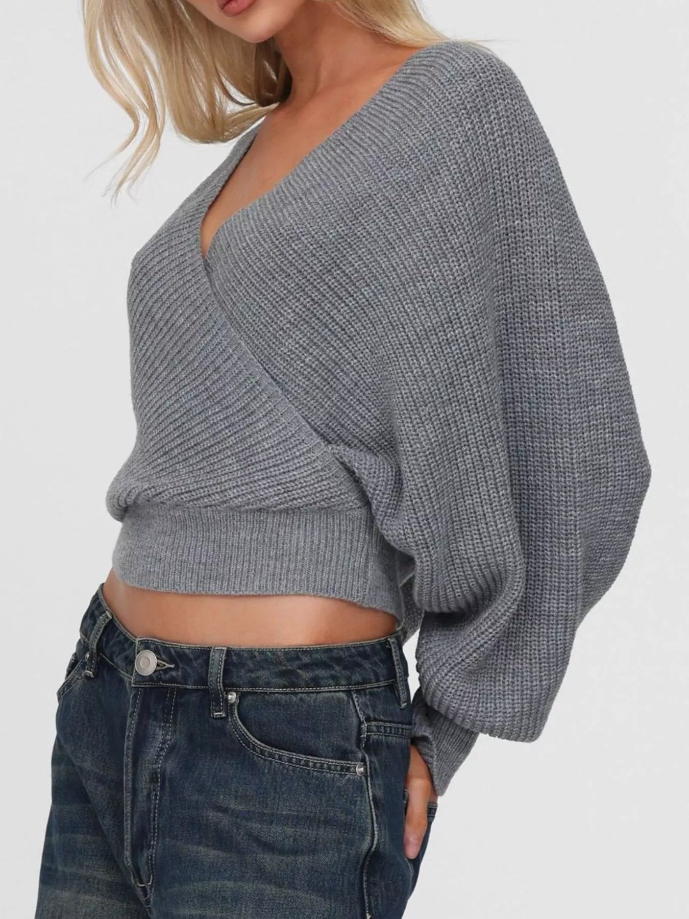 Chic Surplice Cropped Sweater with Stylish Back Tie