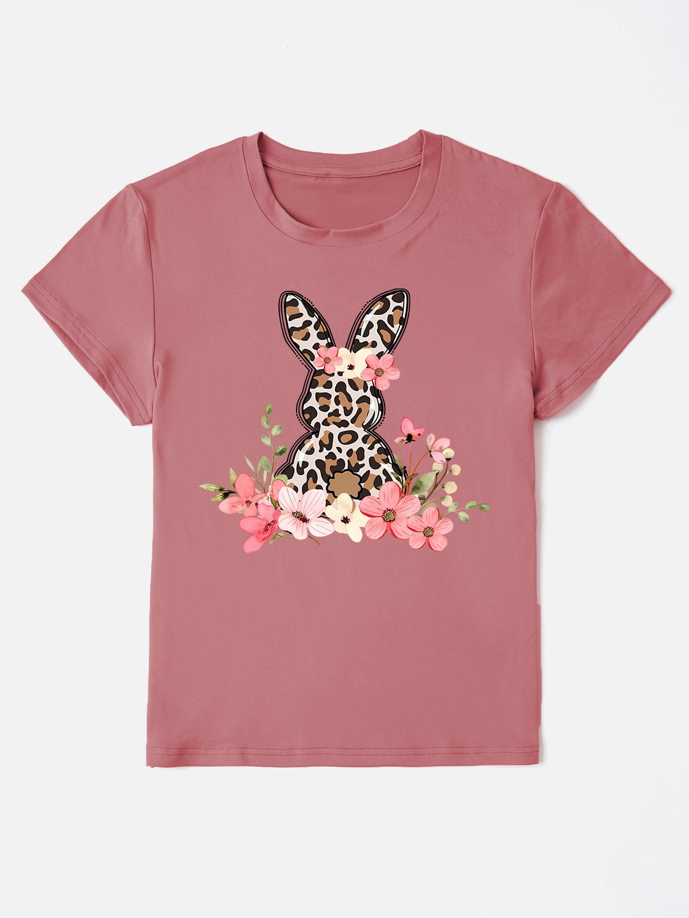 Rabbit Round Neck T-Shirt - Cute & Casual Print Tee Dusty Pink
