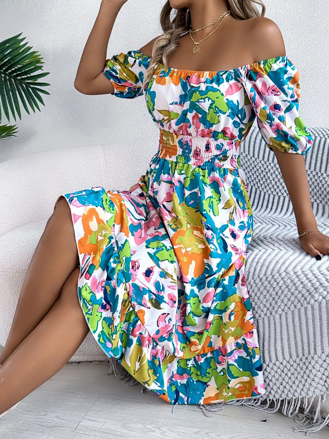 Smocked Ruffle Hem Floral Midi Dress Green