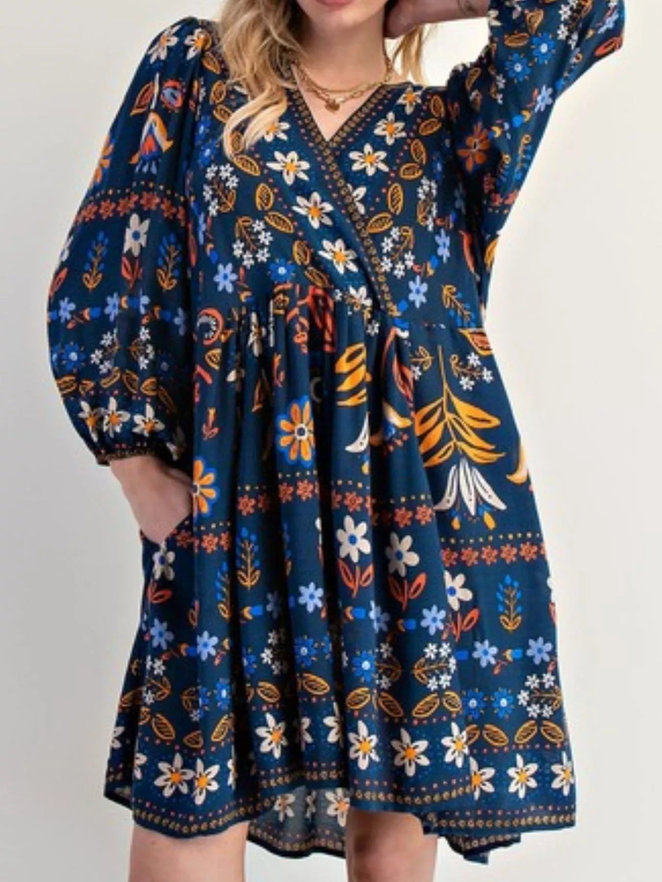 Bohemian Floral Print Ruched Long Sleeve Pocketed Mini Dress