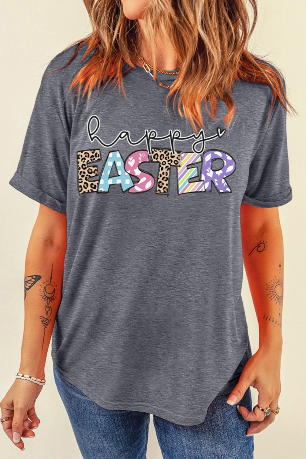 HAPPY EASTER Graphic T-Shirt - Festive Short Sleeve Tee Gray