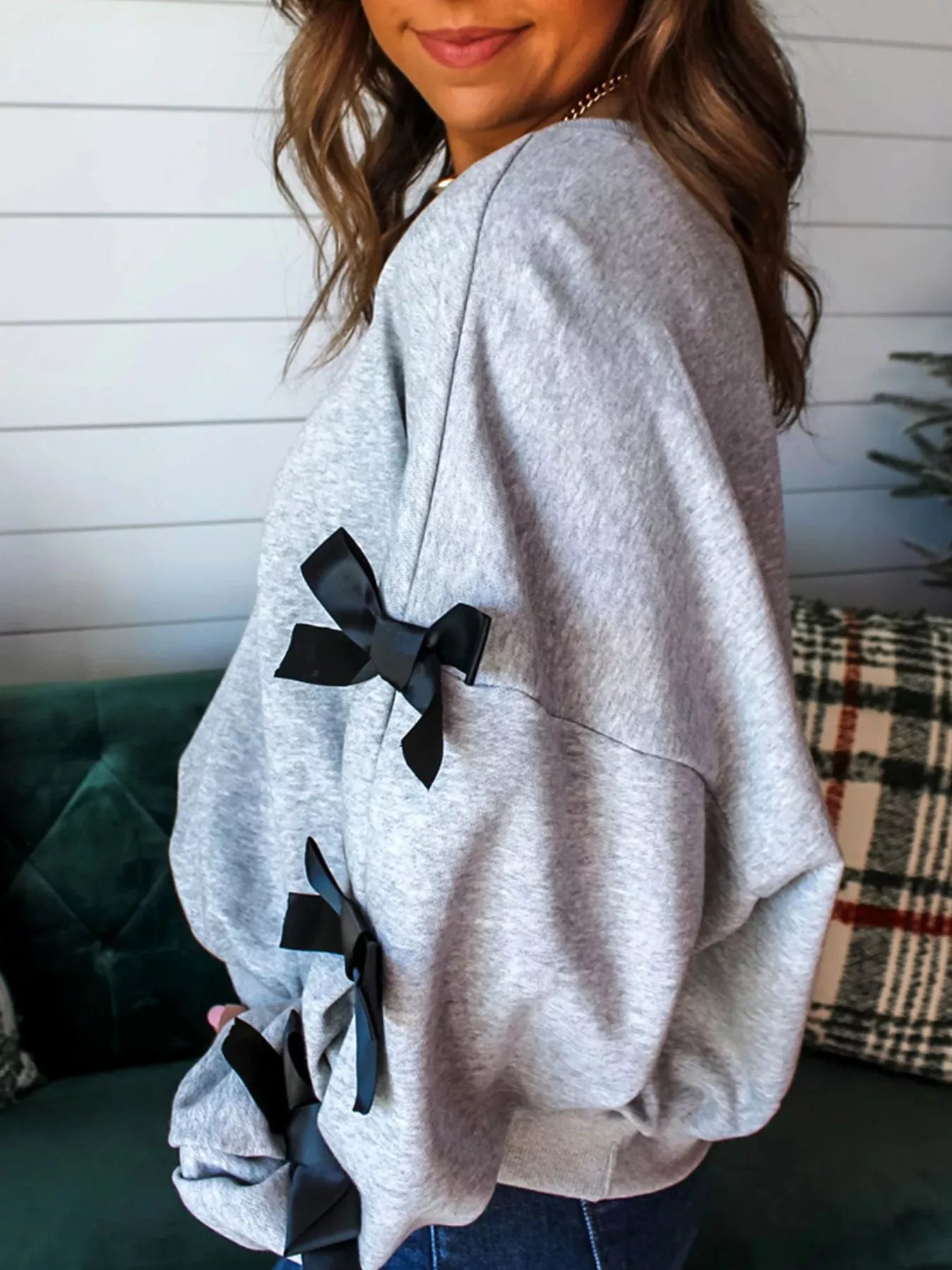 Howdy Christmas Trees Sweatshirt with Ribbon Bow Detail