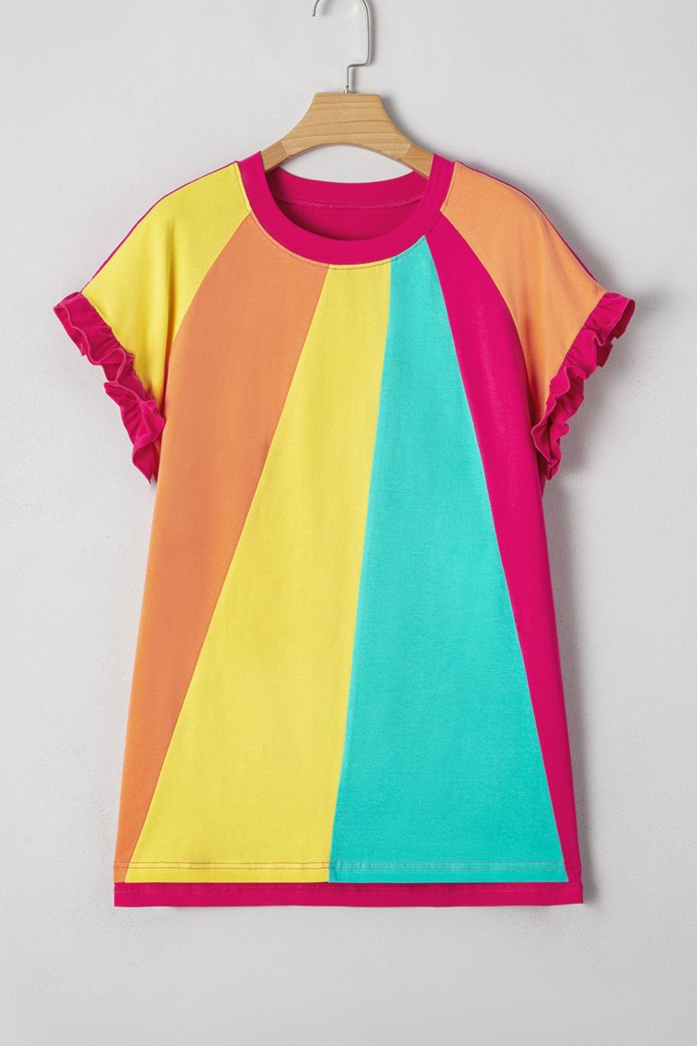 Frill Color Block Loose Fit T-Shirt - Casual & Trendy