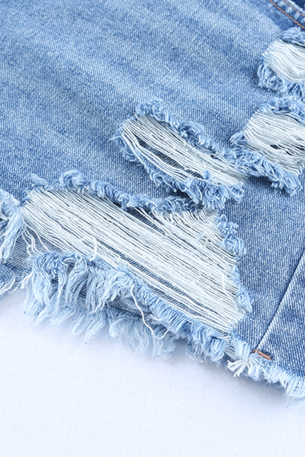 High-Rise Crossover Waist Denim Shorts - Distressed & Stylish