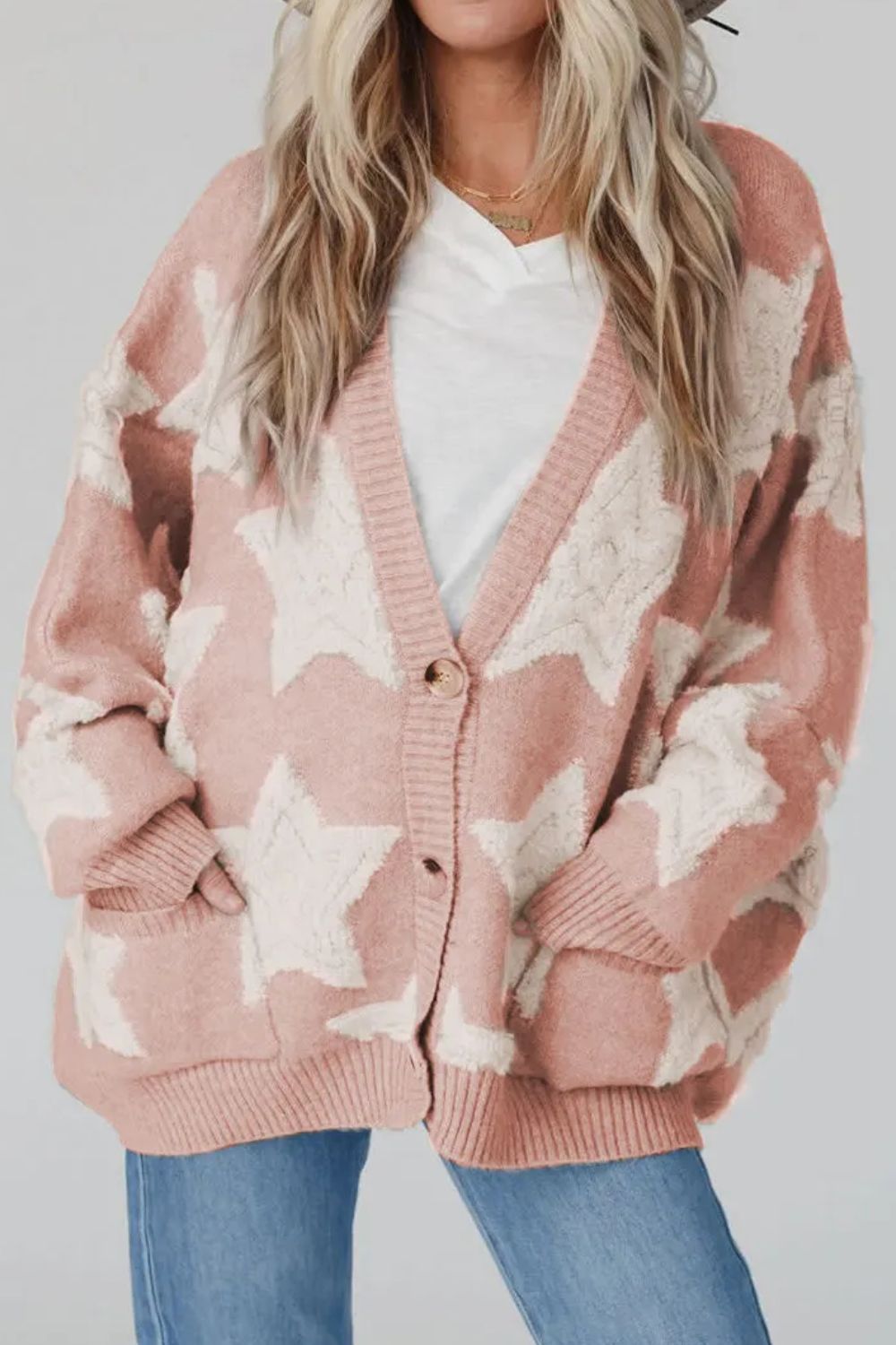 Star Button Up Long Sleeve Cardigan Dusty Pink