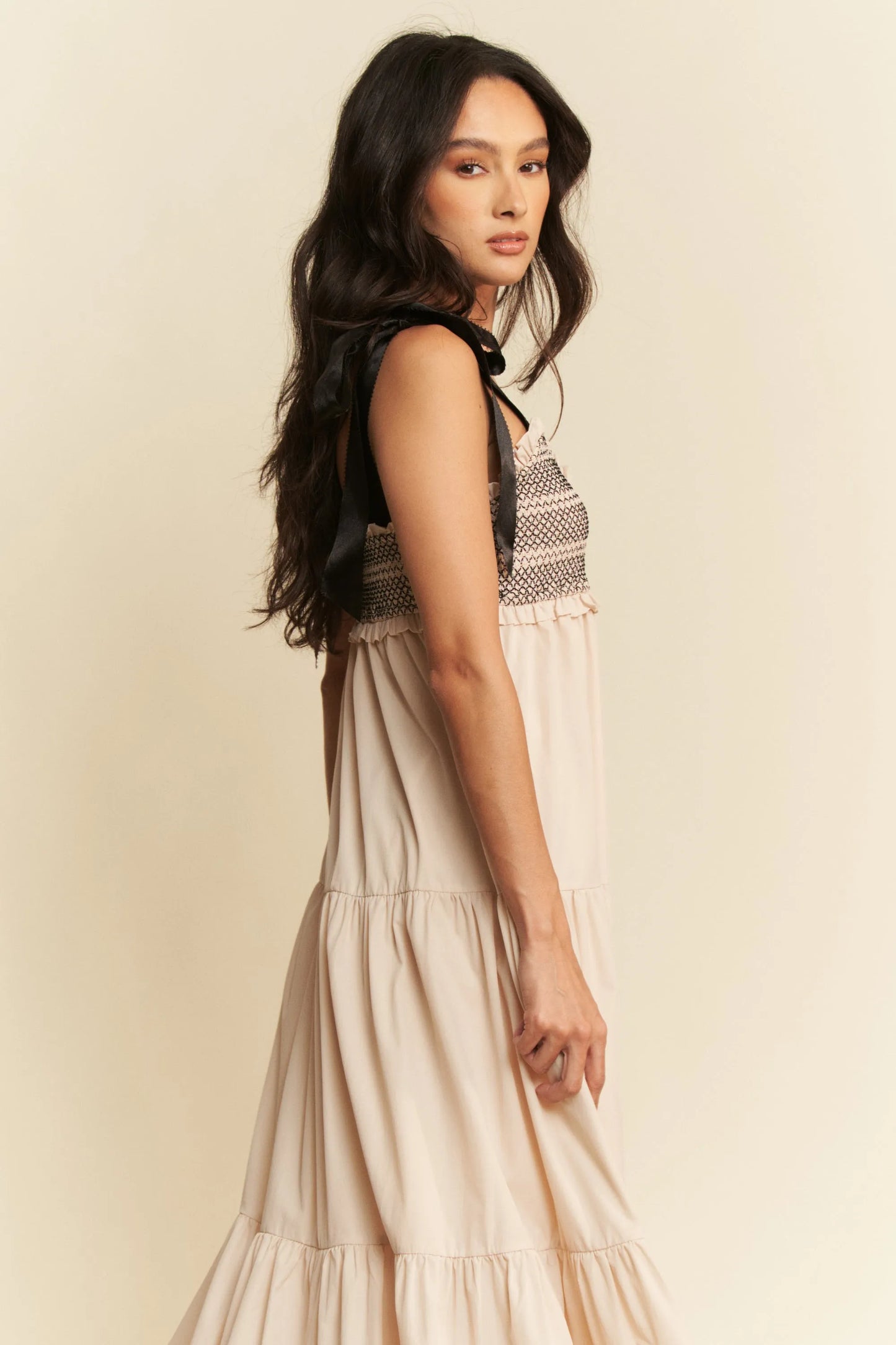 Davi & Dani Multi-Contrast Maxi Dress with Smocked Bodice