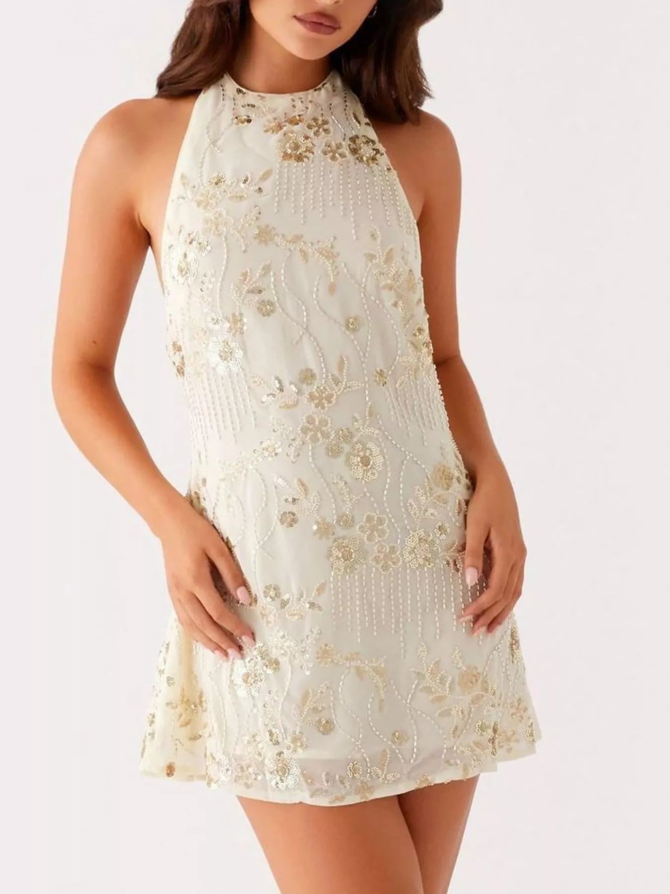 Backless Embroidered Halter Neck Mini Dress