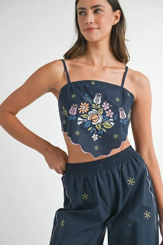 MABLE Elegant Linen Embroidered Scarf Top & Pants Set