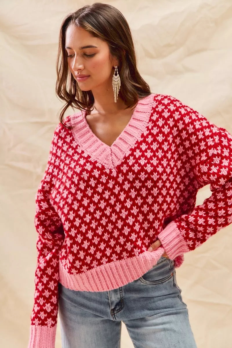 SO ME Color Block Textured V-Neck Christmas Sweater Top