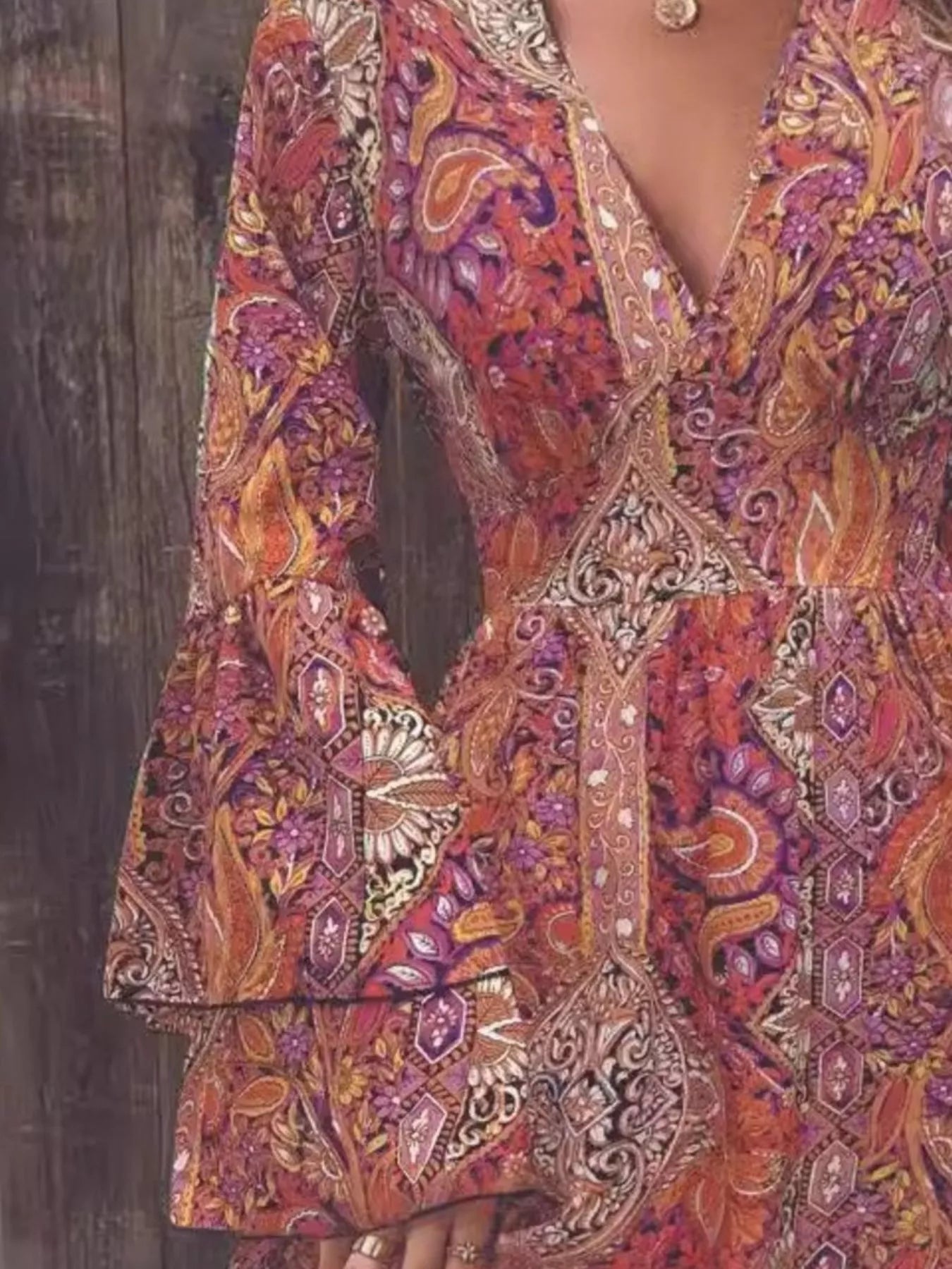 Paisley Print V-Neck Ruffled Flounce Sleeve Dress