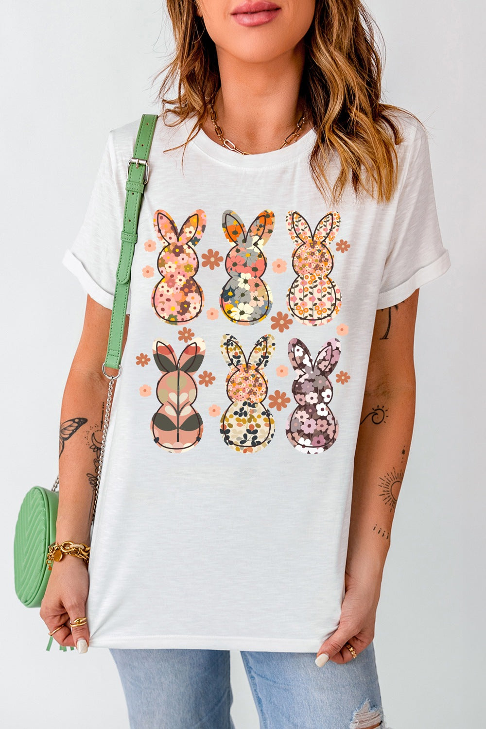 Floral Bunny Graphic Crewneck T-Shirt - Cute & Comfy Easter Tee