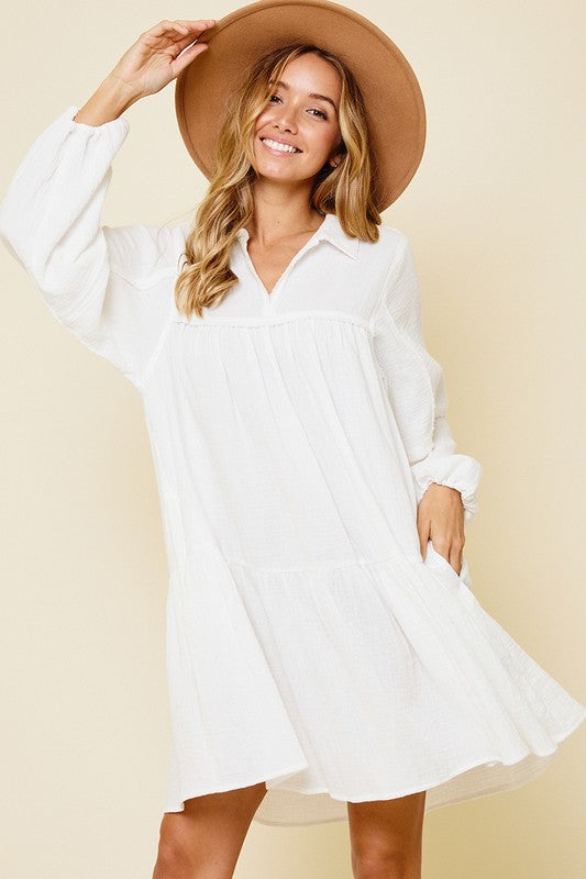 Ces Femme Johnny Collar Balloon Sleeve Tiered Mini Dress White