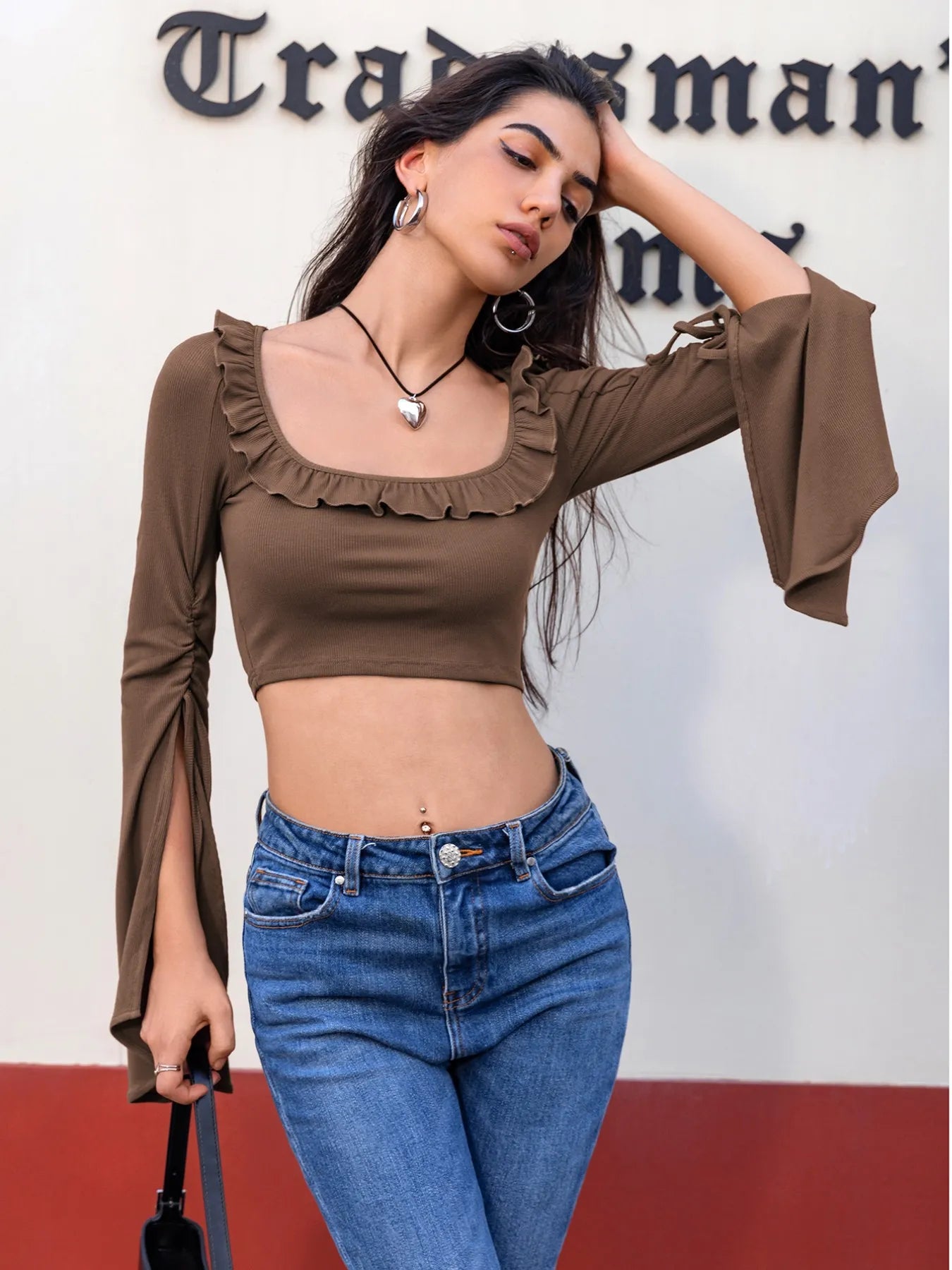 Chic Ruffled Square Neck Long Sleeve Top with Tie Front & Stretch Fit