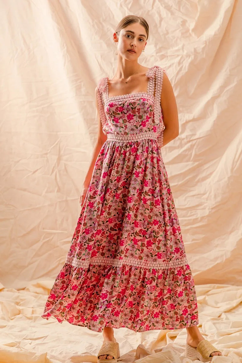 SO ME Floral Maxi Dress with Ribbon Tie Lace Strap – Boho Summer Tiered Dress