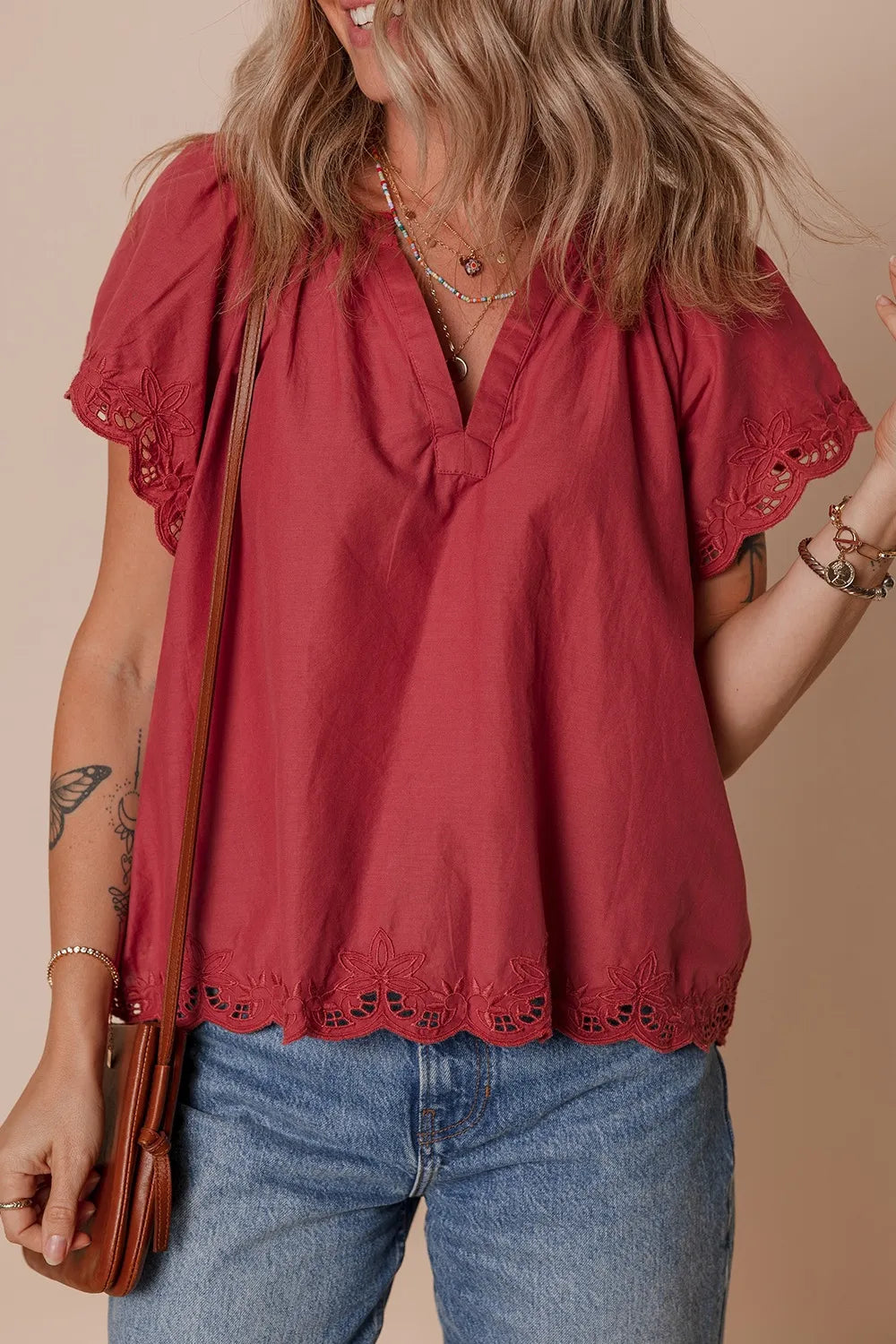Floral Embroidered Scallop Trim Cotton Blouse