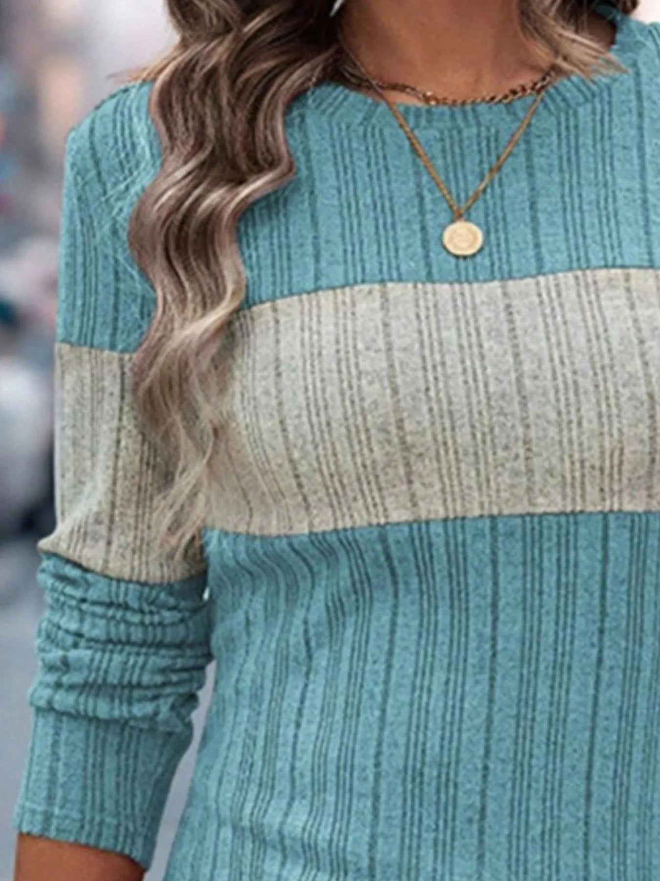 Color Block Round Neck Long Sleeve Sweater – Cozy & Stylish for Fall
