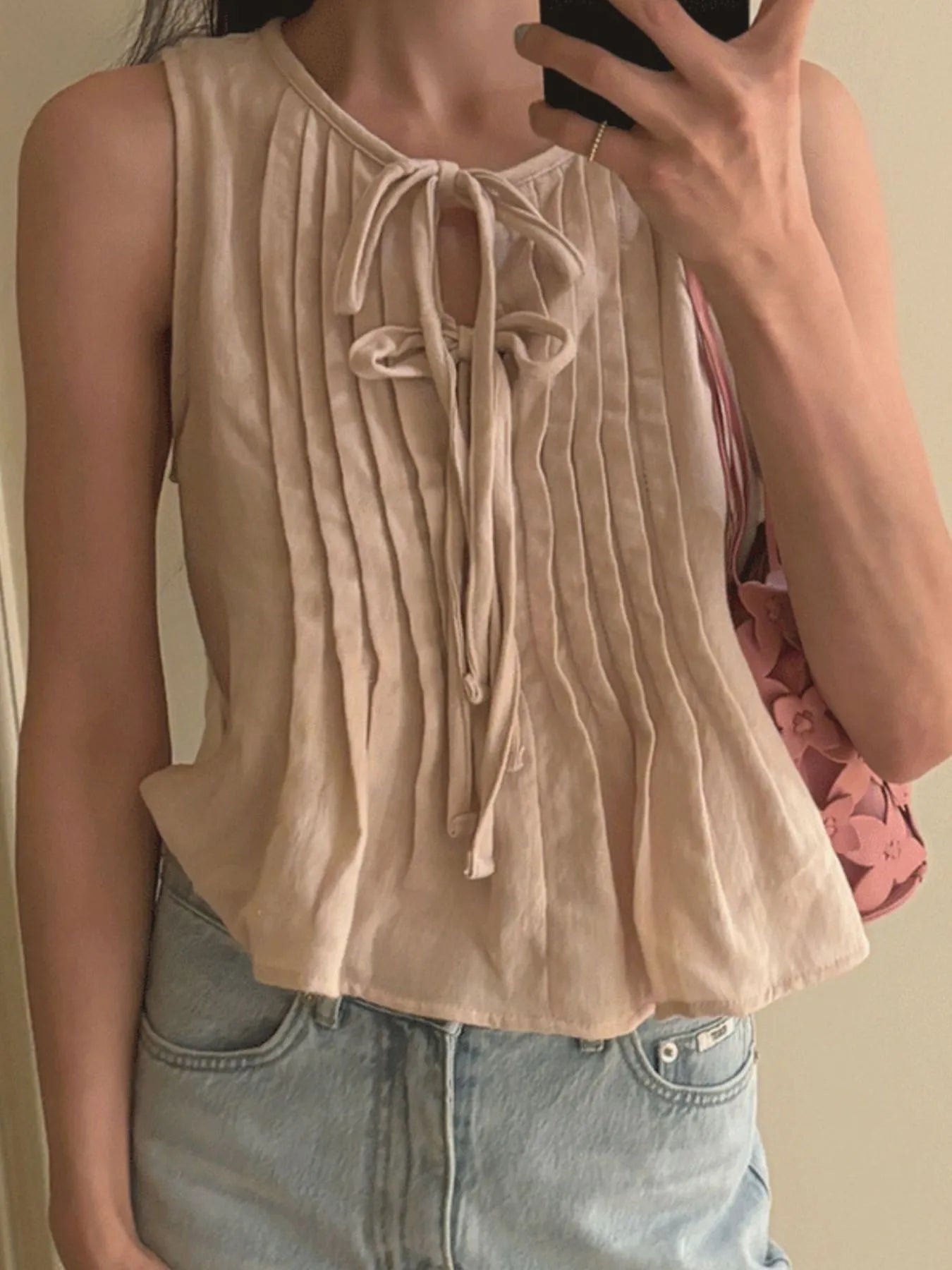 Tie-Front Sleeveless Summer Blouse – Lightweight Ruched Top Tan