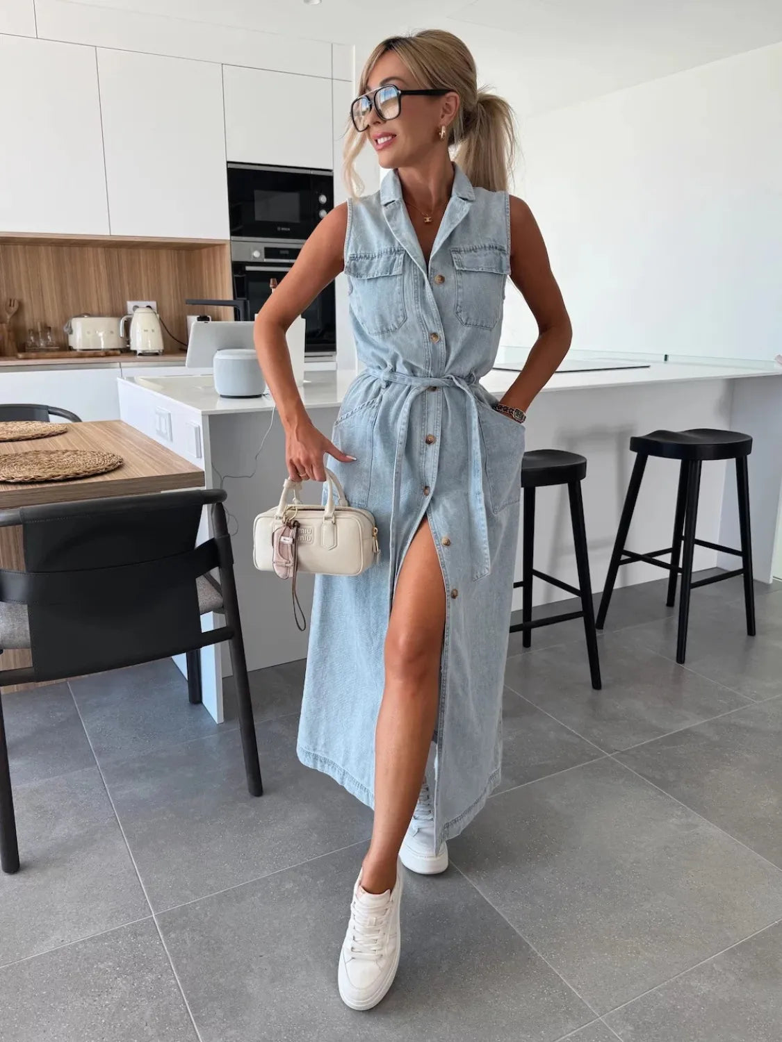 Sleeveless Button-Front Denim Maxi Dress with Belt