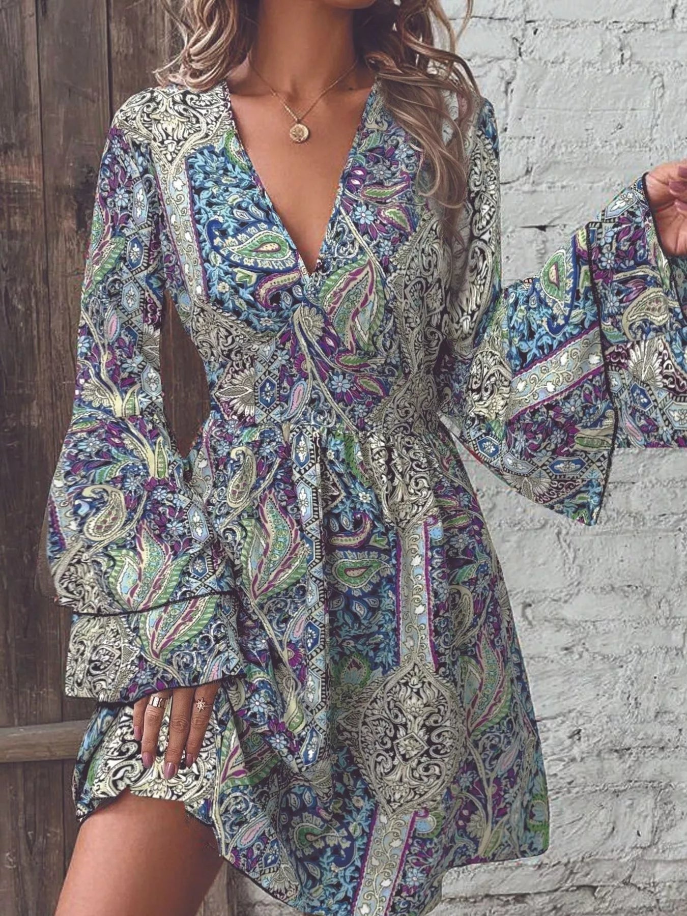 Paisley Print V-Neck Ruffled Flounce Sleeve Dress Peacock Blue