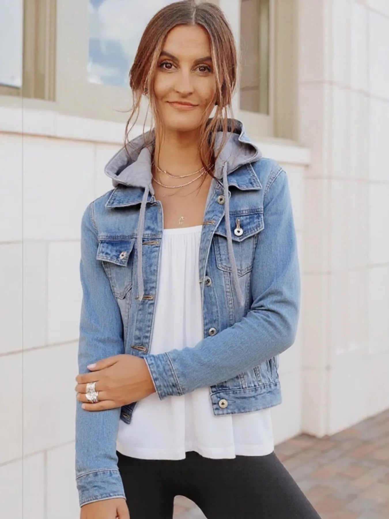 Plus Size Hooded Drawstring Denim Jacket with Button-Up Front