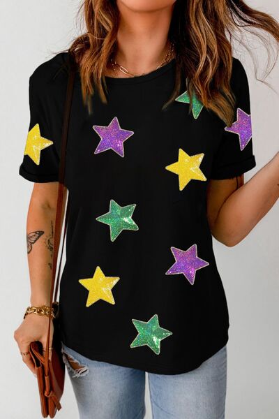 Sequin Stars Patched Round Neck T-Shirt - Casual Sparkle