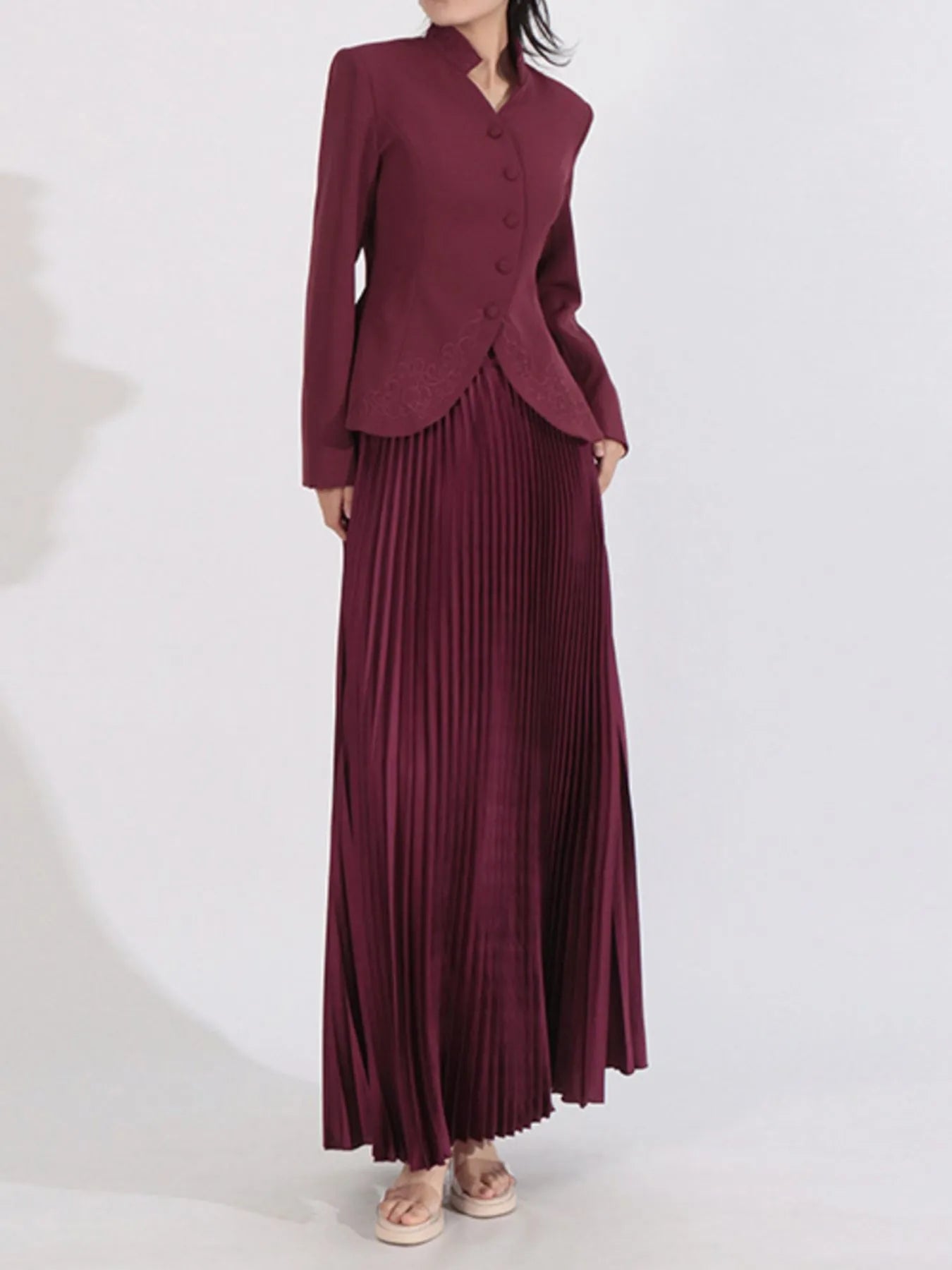 Elegant Button Up Long Sleeve Blouse & Pleated Skirt Two-Piece Set