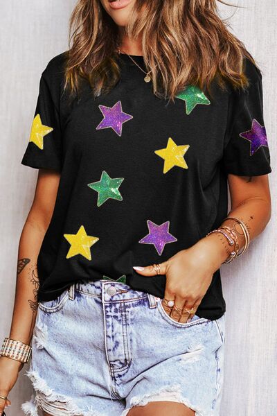 Sequin Stars Patched Round Neck T-Shirt - Casual Sparkle