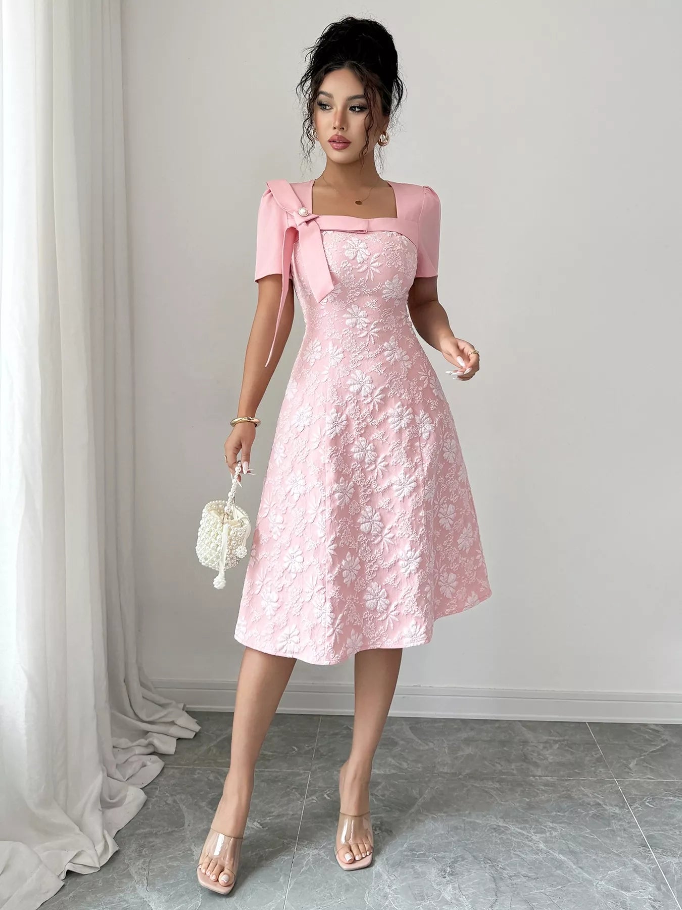 Bow Detail Square Neck Short Sleeve Midi Dress