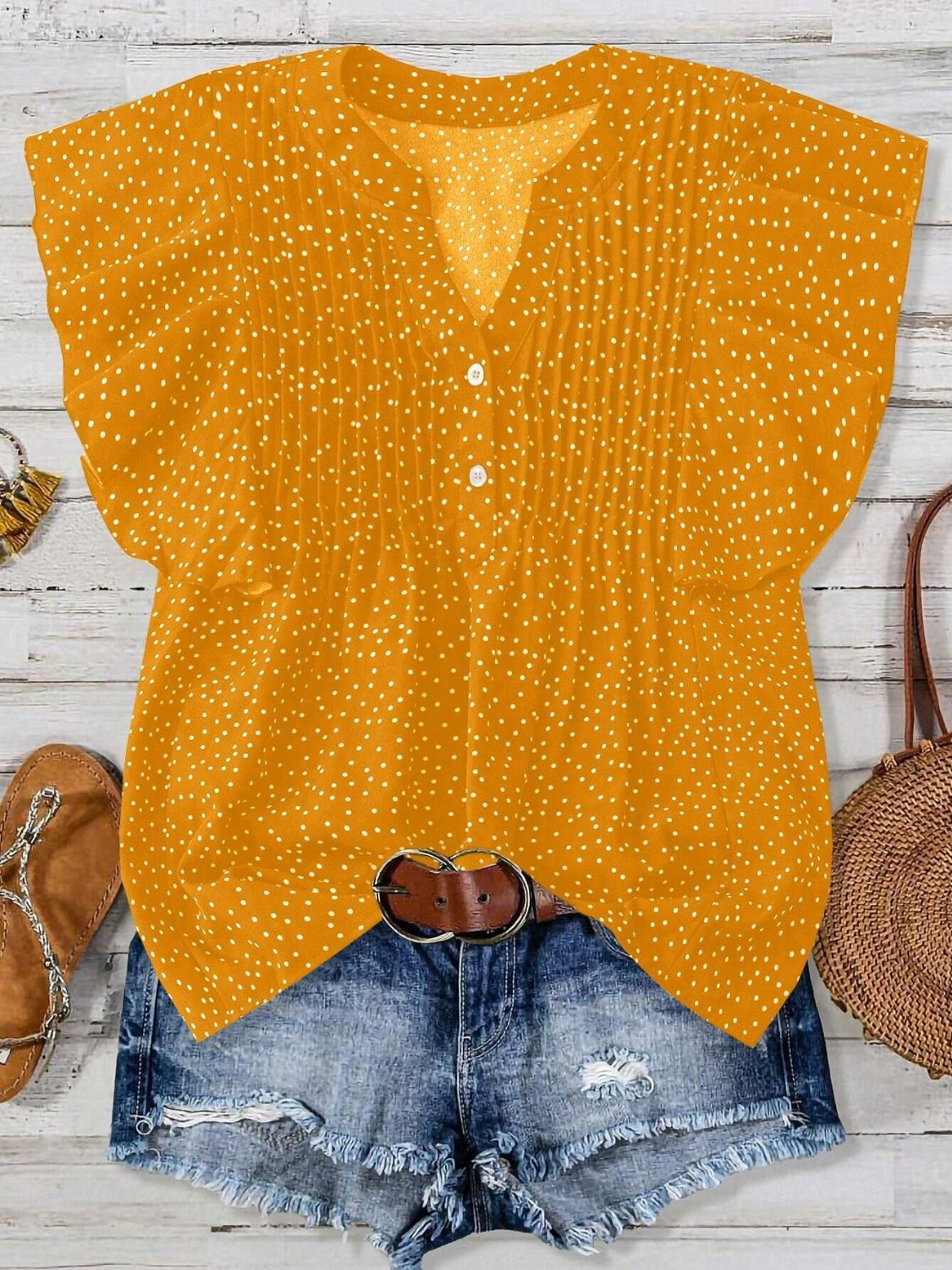 Polka Dot Ruffled Cap Sleeve Blouse - Chic & Feminine Gold