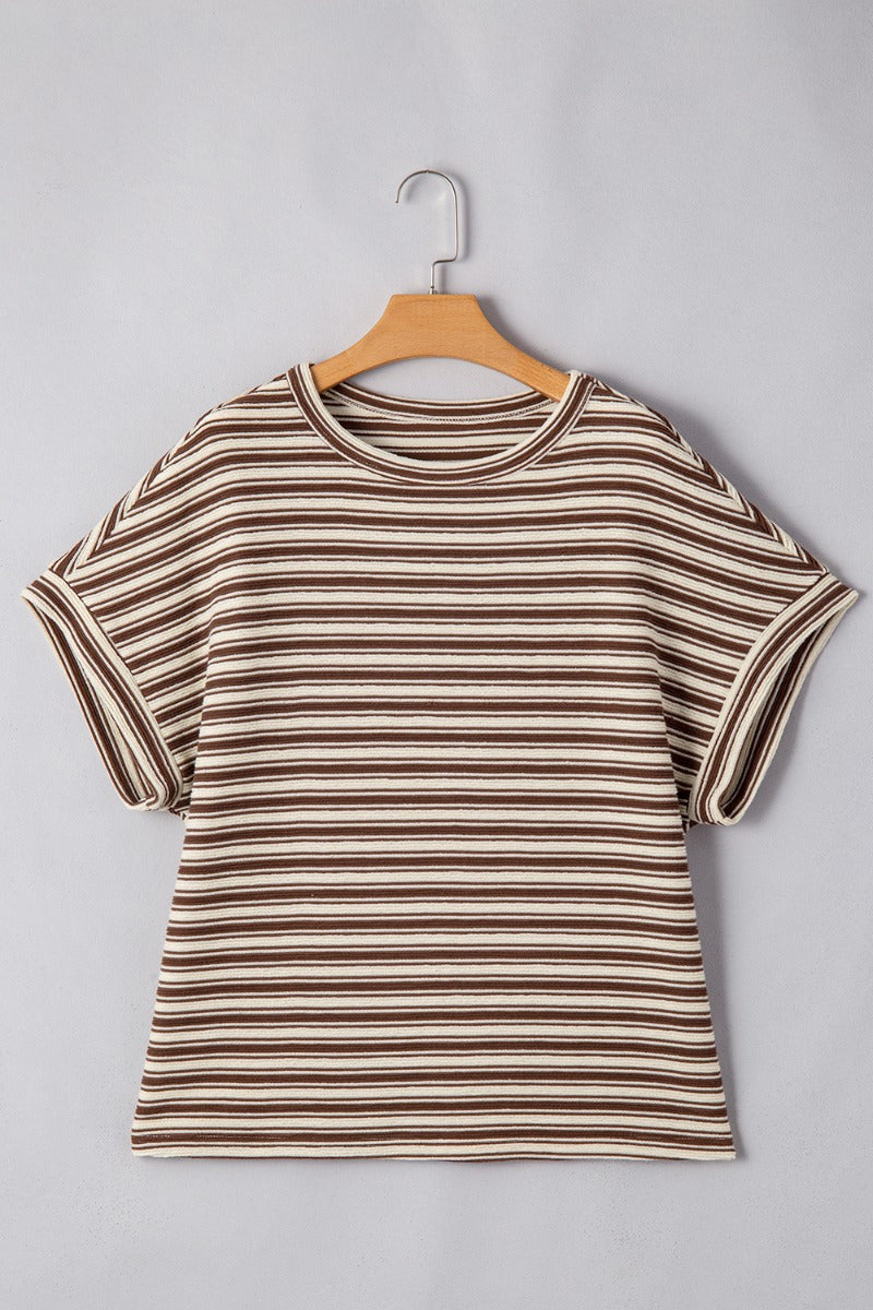 Stripe Textured Crew Neck T-Shirt with Side Slits - Relaxed Fit
