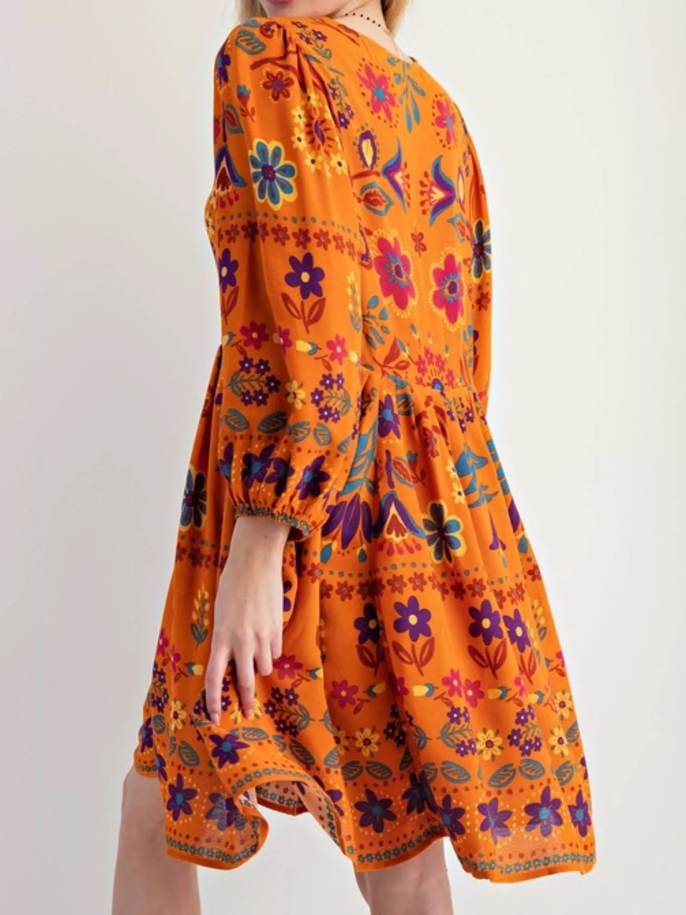 Bohemian Floral Print Ruched Long Sleeve Pocketed Mini Dress