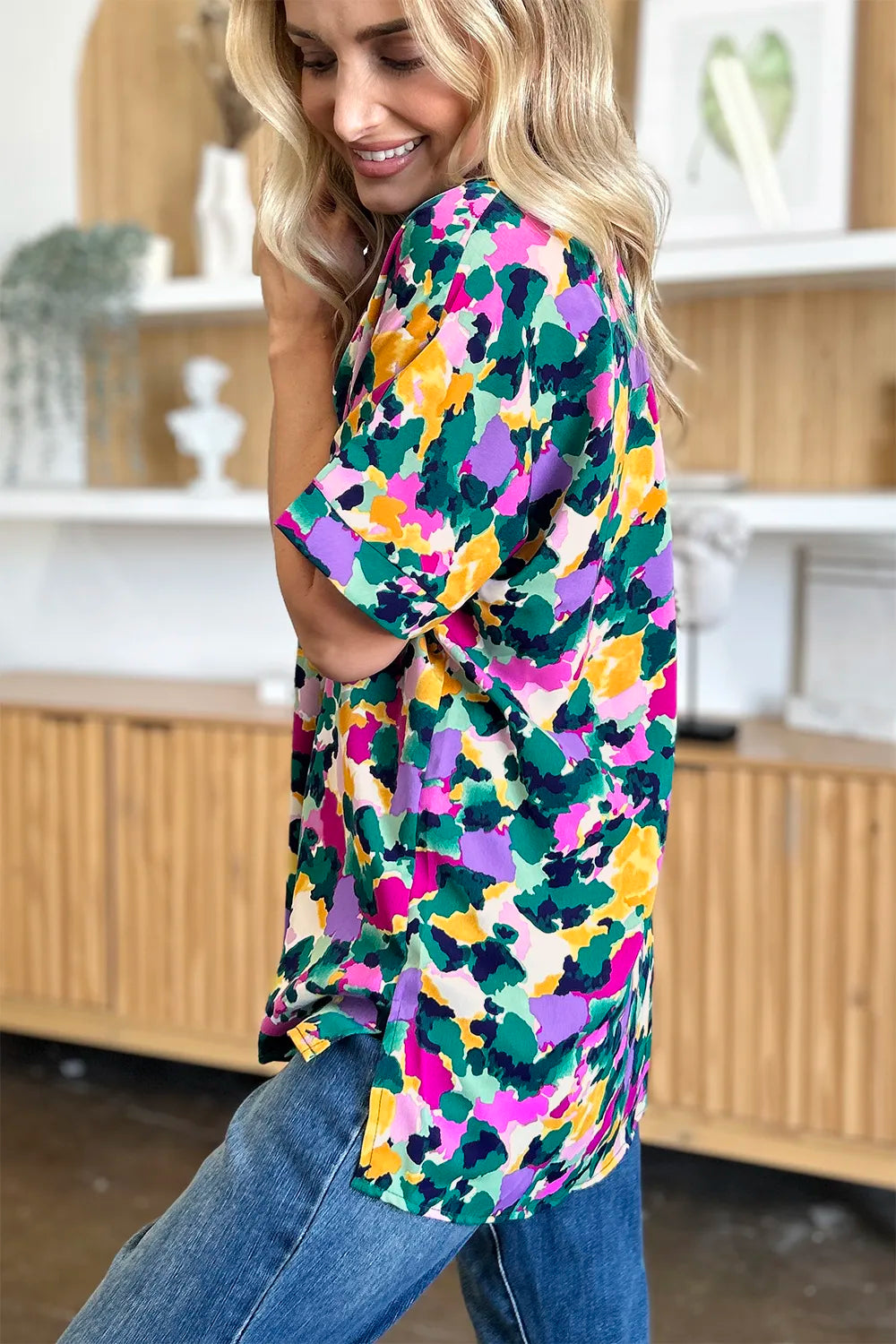 Double Take Plus Size Printed V-Neck Slit Top – Flowy & Chic