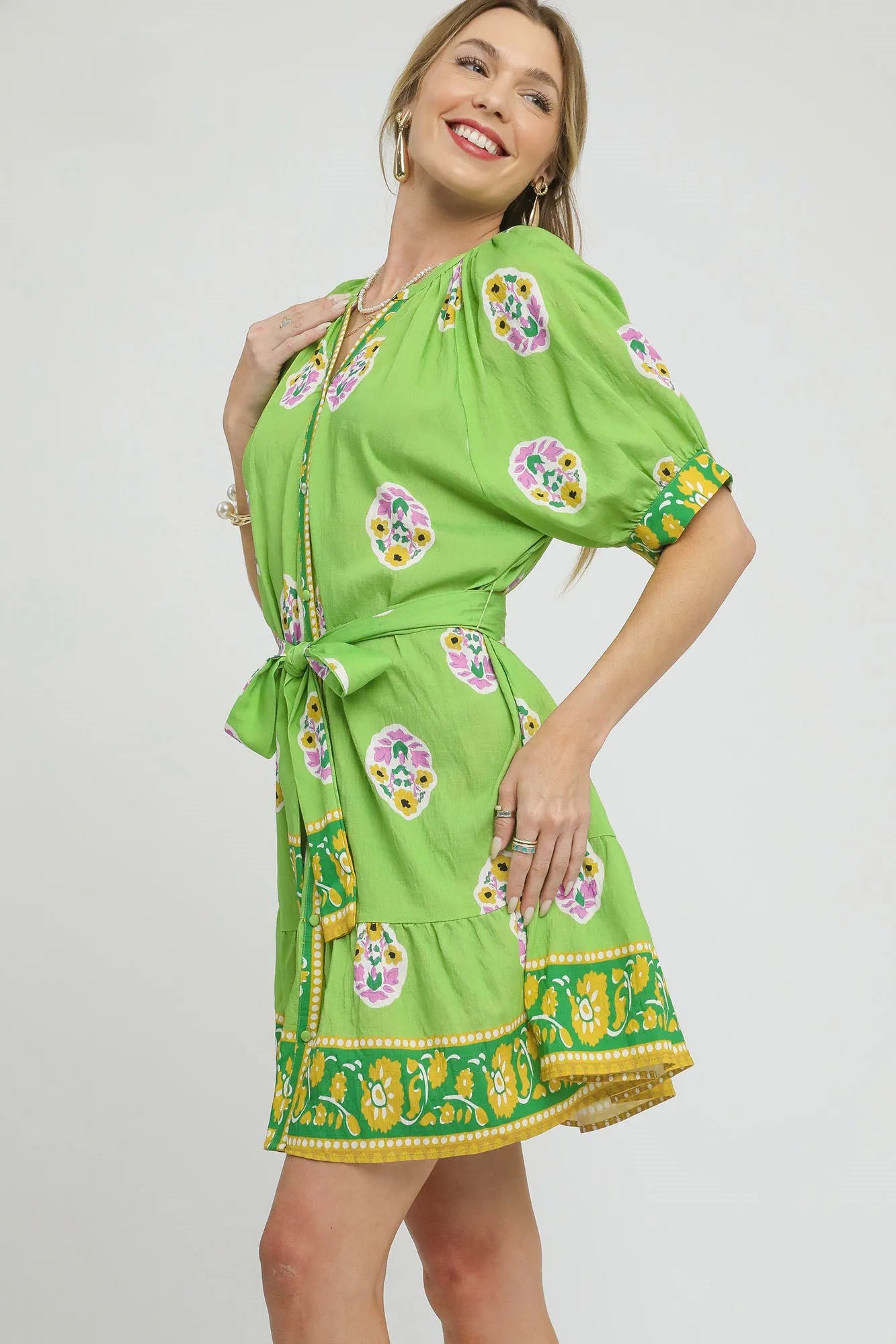 Umgee Boho Floral Tie Waist Shirt Dress