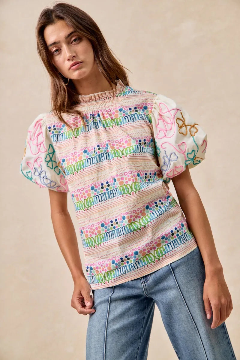 BiBi Ruffle Neckline Blouse With Embroidery Bubble Sleeve