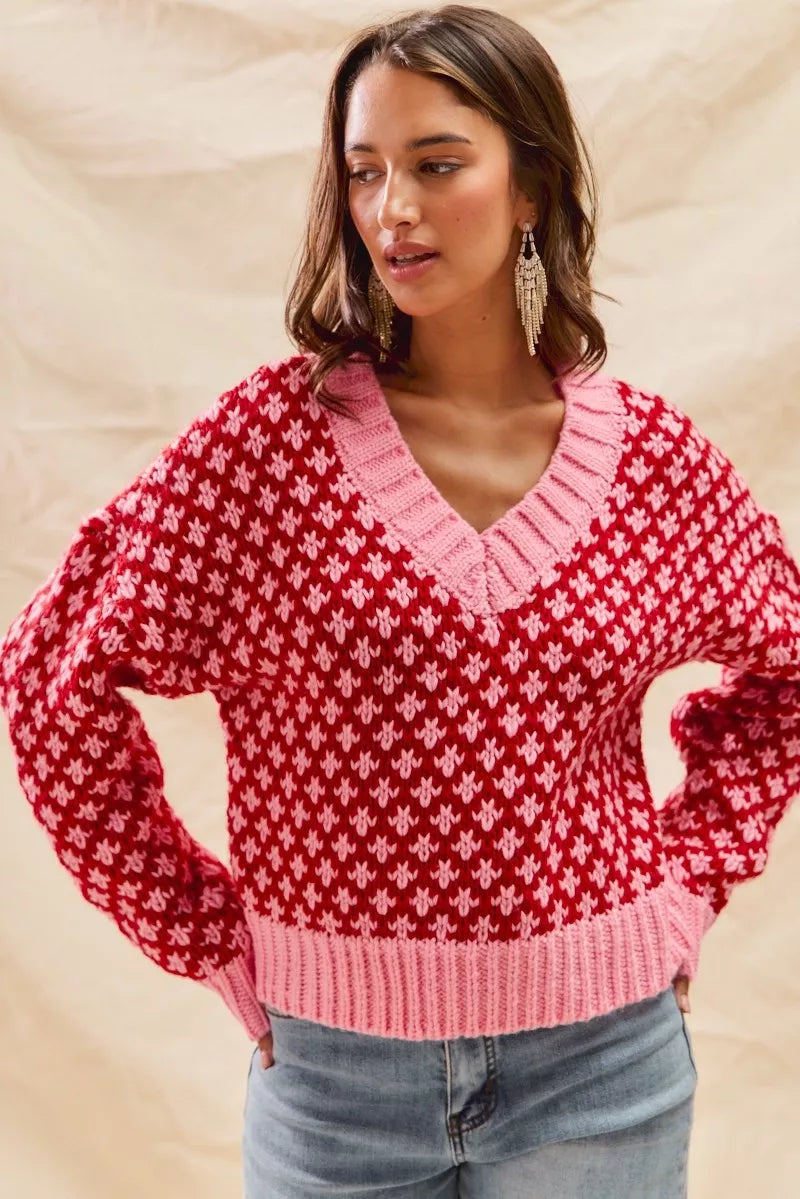 SO ME Color Block Textured V-Neck Christmas Sweater Top