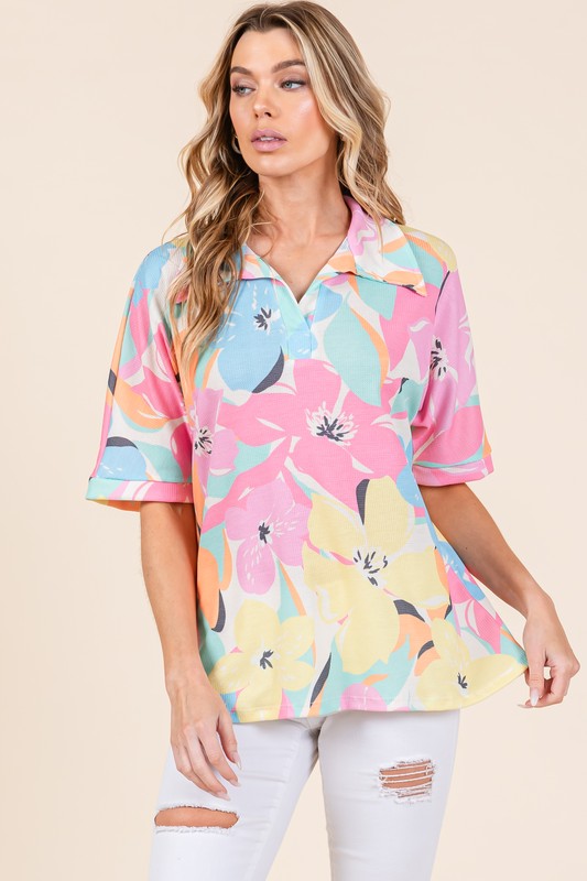 BOMBOM Floral Collared Neck Half Sleeve Top – Elegant & Versatile