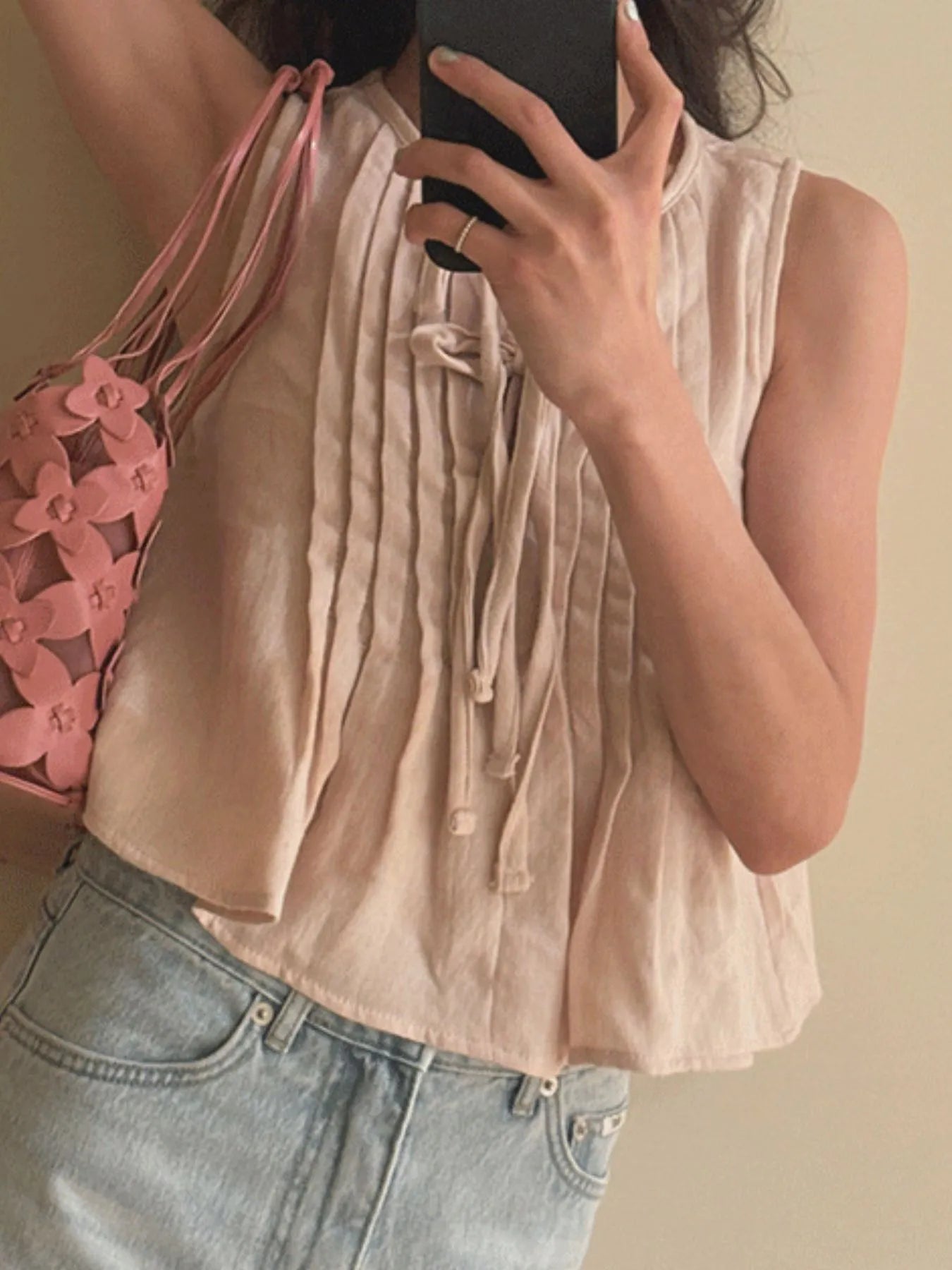 Tie-Front Sleeveless Summer Blouse – Lightweight Ruched Top