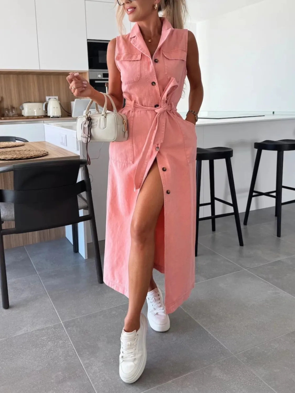 Sleeveless Button-Front Denim Maxi Dress with Belt